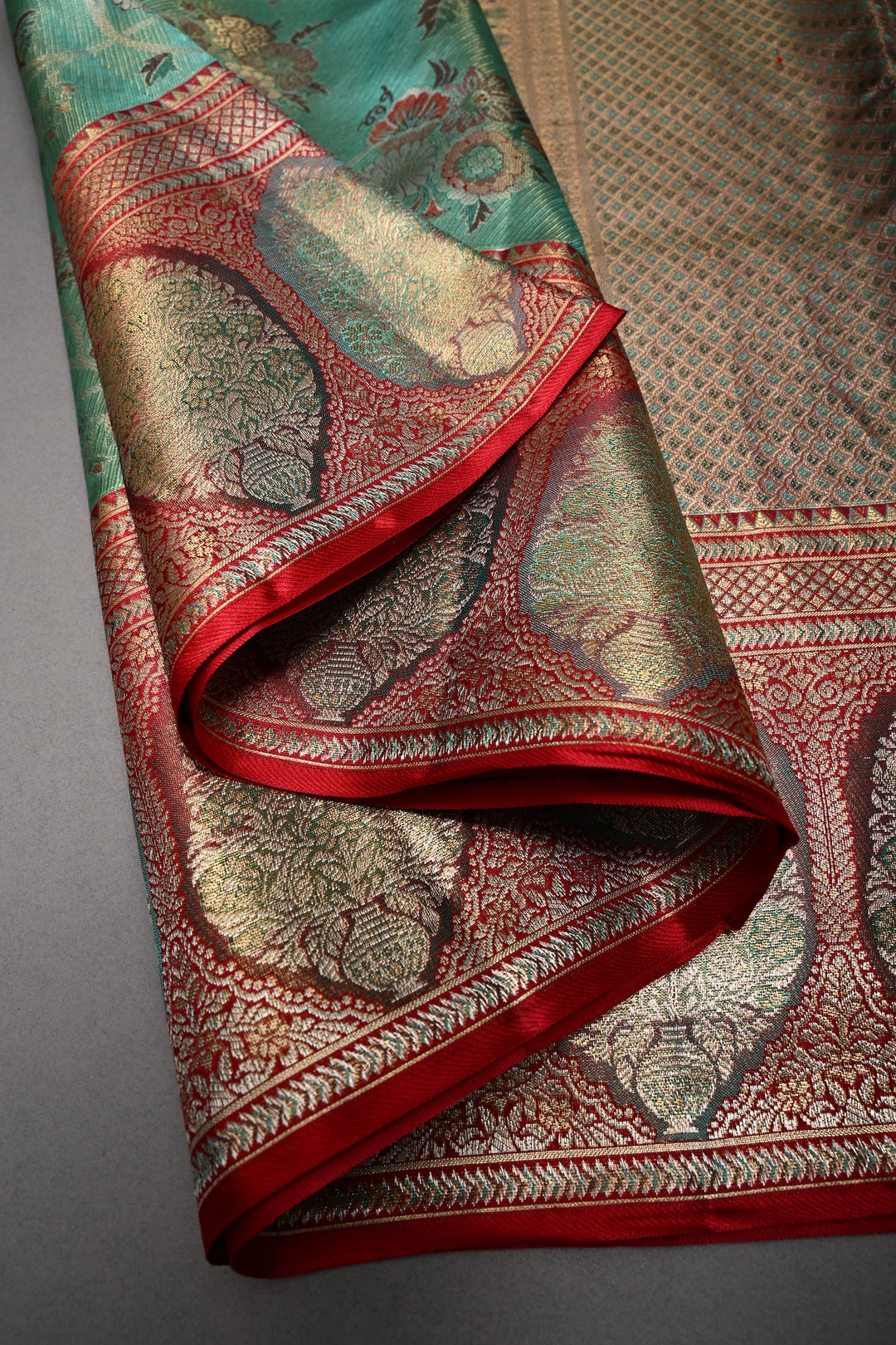 Luxurious Mint Green Meenakari on Pure Kanjivaram Tissue Silk Saree with Tiny Birds-Floral Brocade and Arches Contrast Zari Border | SILK MARK CERTIFIED | SHOBITAM