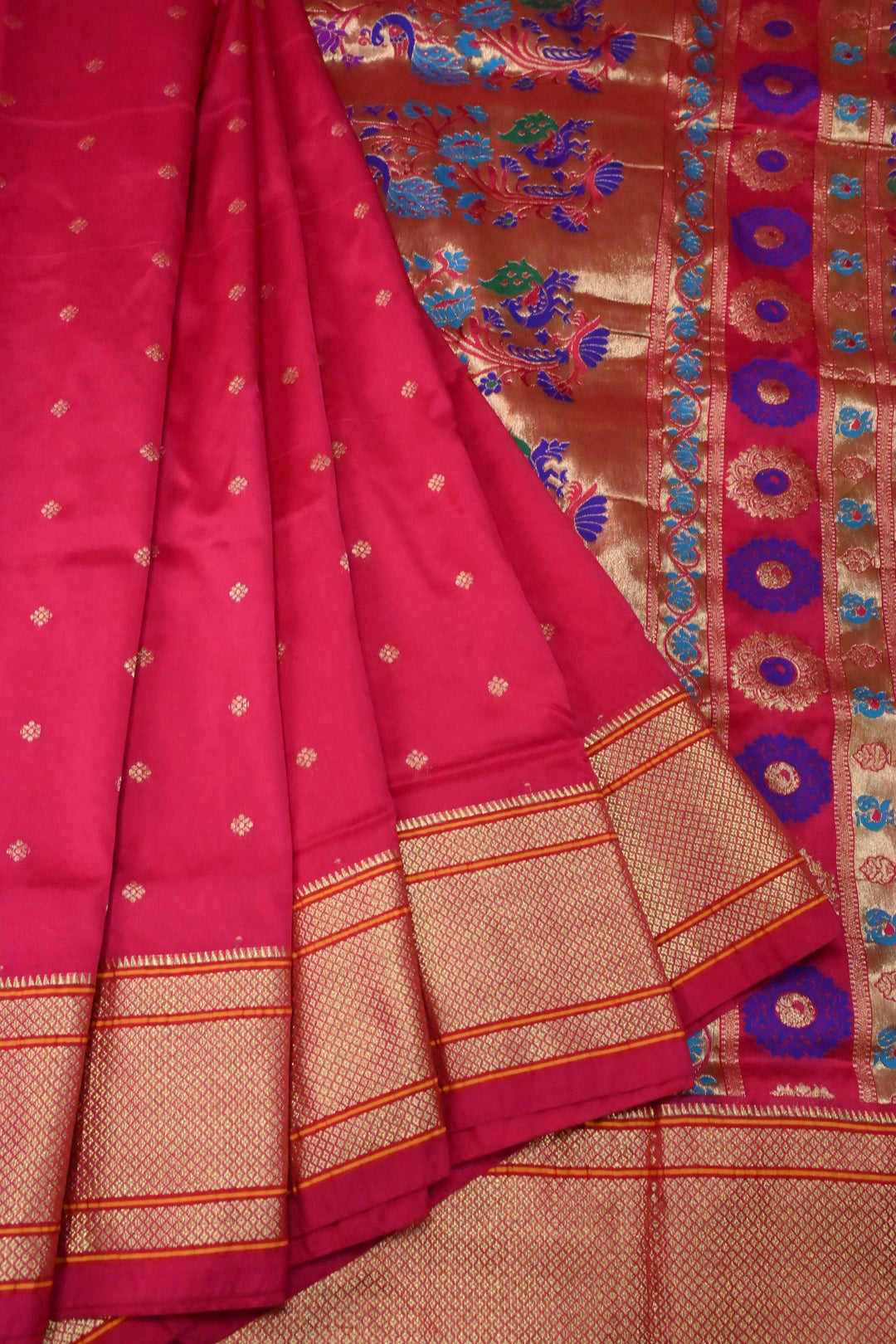 9 Yards Madisar  Rani Pink Zari Buttis on Semi Silk Saree with Zari Border and  Paithani Style Meenakari Pallu , No Blouse Piece