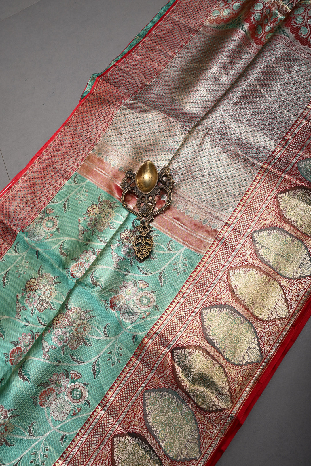 Luxurious Mint Green Meenakari on Pure Kanjivaram Tissue Silk Saree with Tiny Birds-Floral Brocade and Arches Contrast Zari Border | SILK MARK CERTIFIED | SHOBITAM