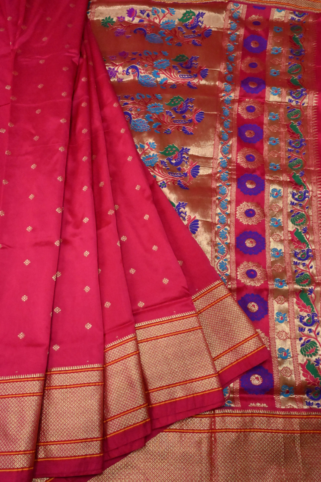 9 Yards Madisar  Rani Pink Zari Buttis on Semi Silk Saree with Zari Border and  Paithani Style Meenakari Pallu , No Blouse Piece