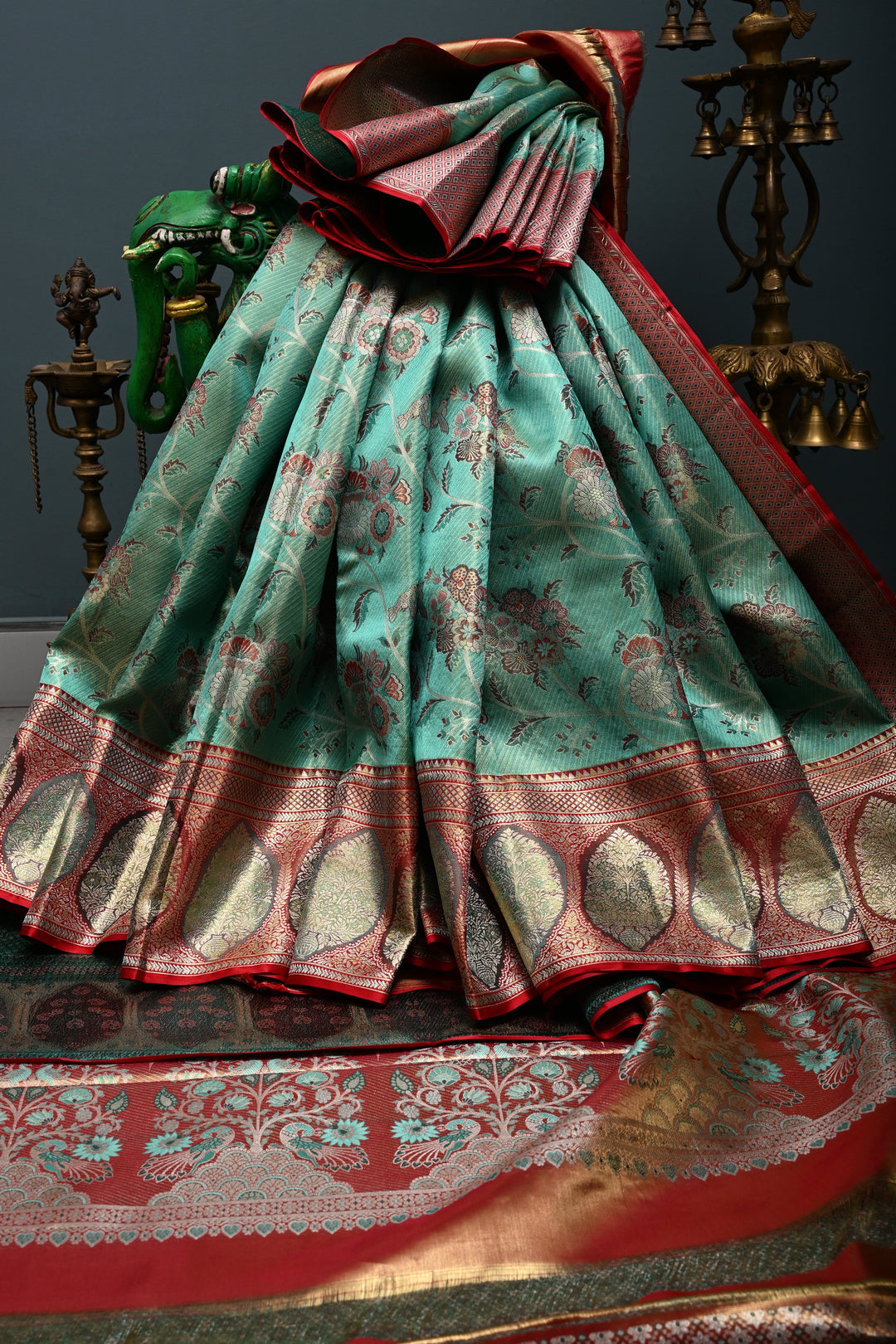 Luxurious Mint Green Meenakari on Pure Kanjivaram Tissue Silk Saree with Tiny Birds-Floral Brocade and Arches Contrast Zari Border | SILK MARK CERTIFIED | SHOBITAM