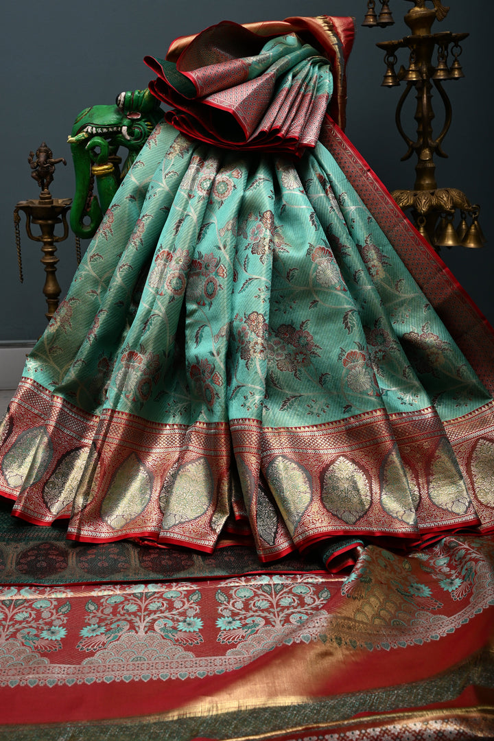 Luxurious Mint Green Meenakari on Pure Kanjivaram Tissue Silk Saree with Tiny Birds-Floral Brocade and Arches Contrast Zari Border | SILK MARK CERTIFIED | SHOBITAM