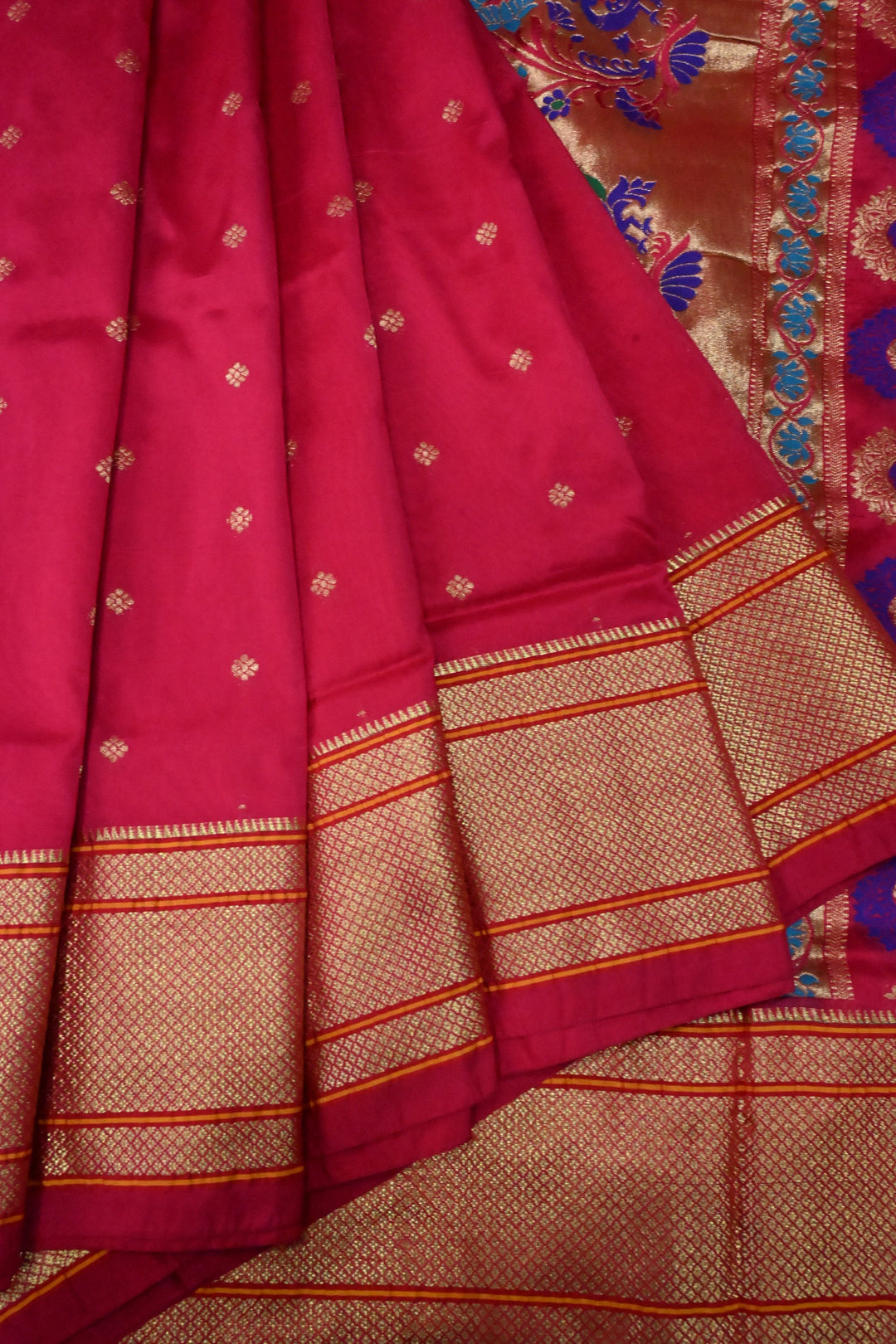 9 Yards Madisar  Rani Pink Zari Buttis on Semi Silk Saree with Zari Border and  Paithani Style Meenakari Pallu , No Blouse Piece