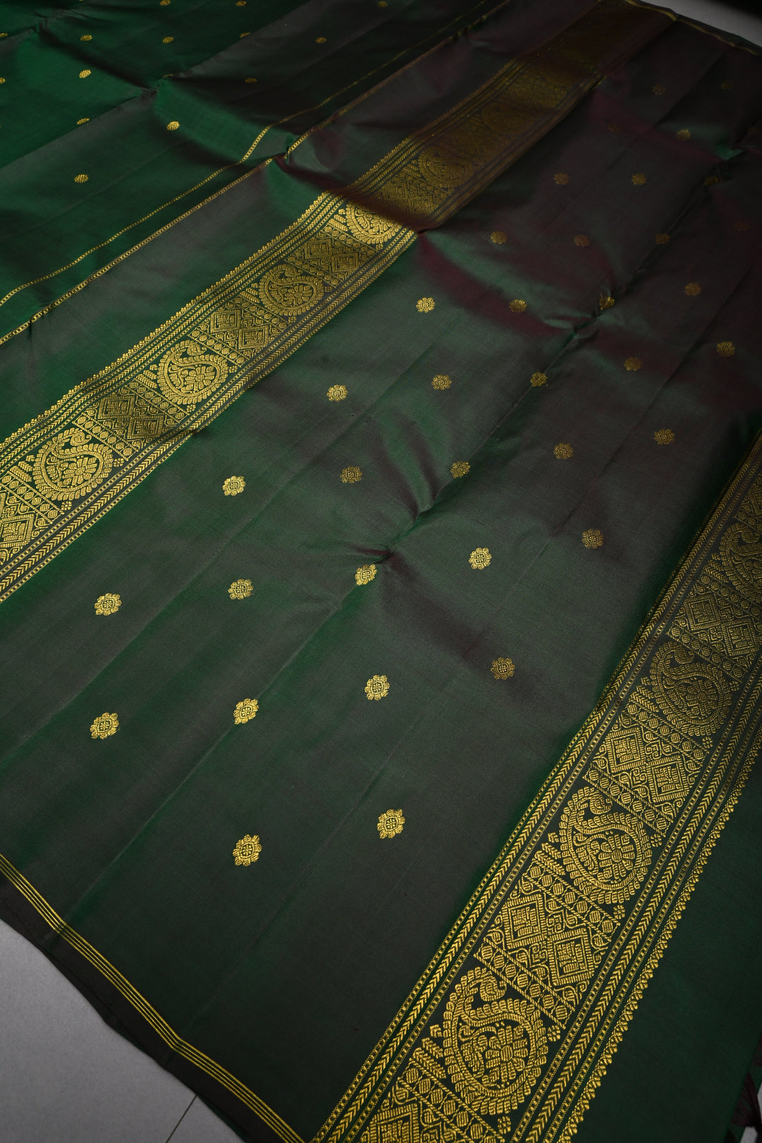 Deep Green Kanjivaram Pure Silk Saree with Zari Buttis and Distinct Twin Parrot Motifs on Border | SILK MARK CERTIFIED | SHOBITAM