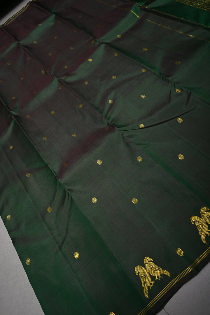 Deep Green Kanjivaram Pure Silk Saree with Zari Buttis and Distinct Twin Parrot Motifs on Border | SILK MARK CERTIFIED | SHOBITAM