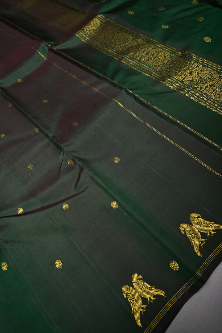 Deep Green Kanjivaram Pure Silk Saree with Zari Buttis and Distinct Twin Parrot Motifs on Border | SILK MARK CERTIFIED | SHOBITAM
