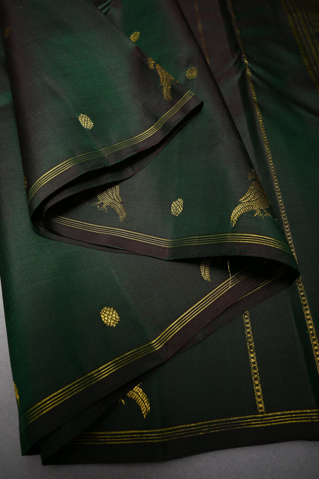 Deep Green Kanjivaram Pure Silk Saree with Zari Buttis and Distinct Twin Parrot Motifs on Border | SILK MARK CERTIFIED | SHOBITAM