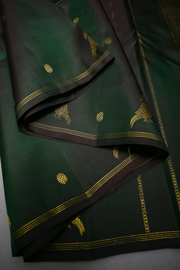 Deep Green Kanjivaram Pure Silk Saree with Zari Buttis and Distinct Twin Parrot Motifs on Border | SILK MARK CERTIFIED | SHOBITAM