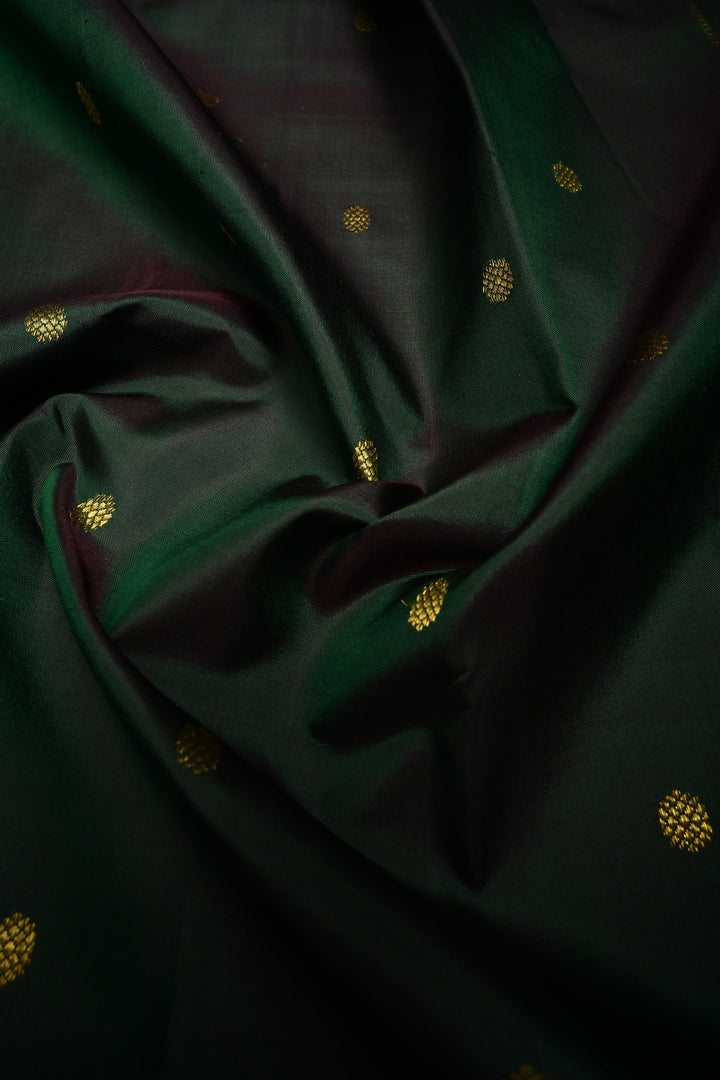Deep Green Kanjivaram Pure Silk Saree with Zari Buttis and Distinct Twin Parrot Motifs on Border | SILK MARK CERTIFIED | SHOBITAM