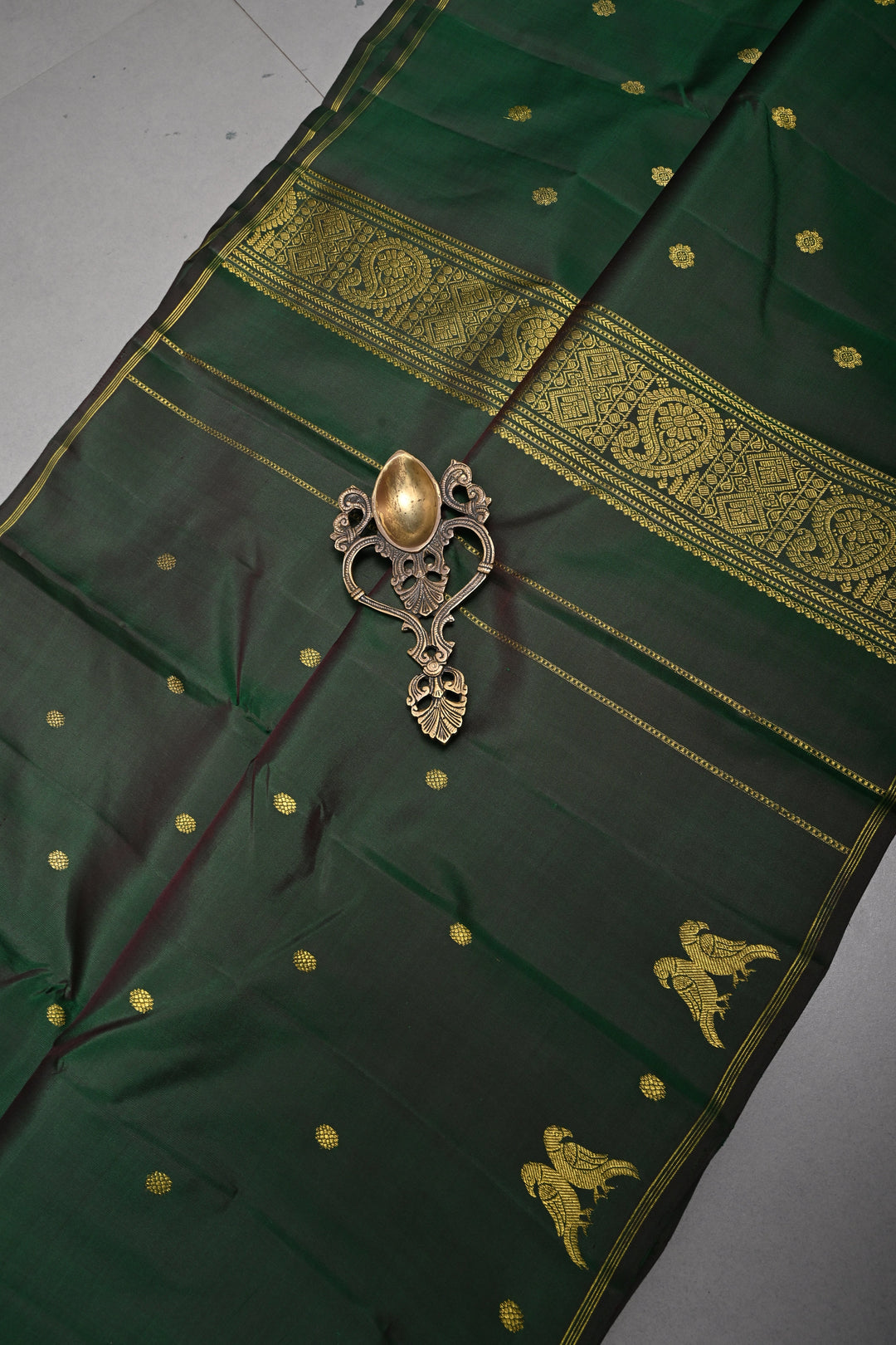 Deep Green Kanjivaram Pure Silk Saree with Zari Buttis and Distinct Twin Parrot Motifs on Border | SILK MARK CERTIFIED | SHOBITAM