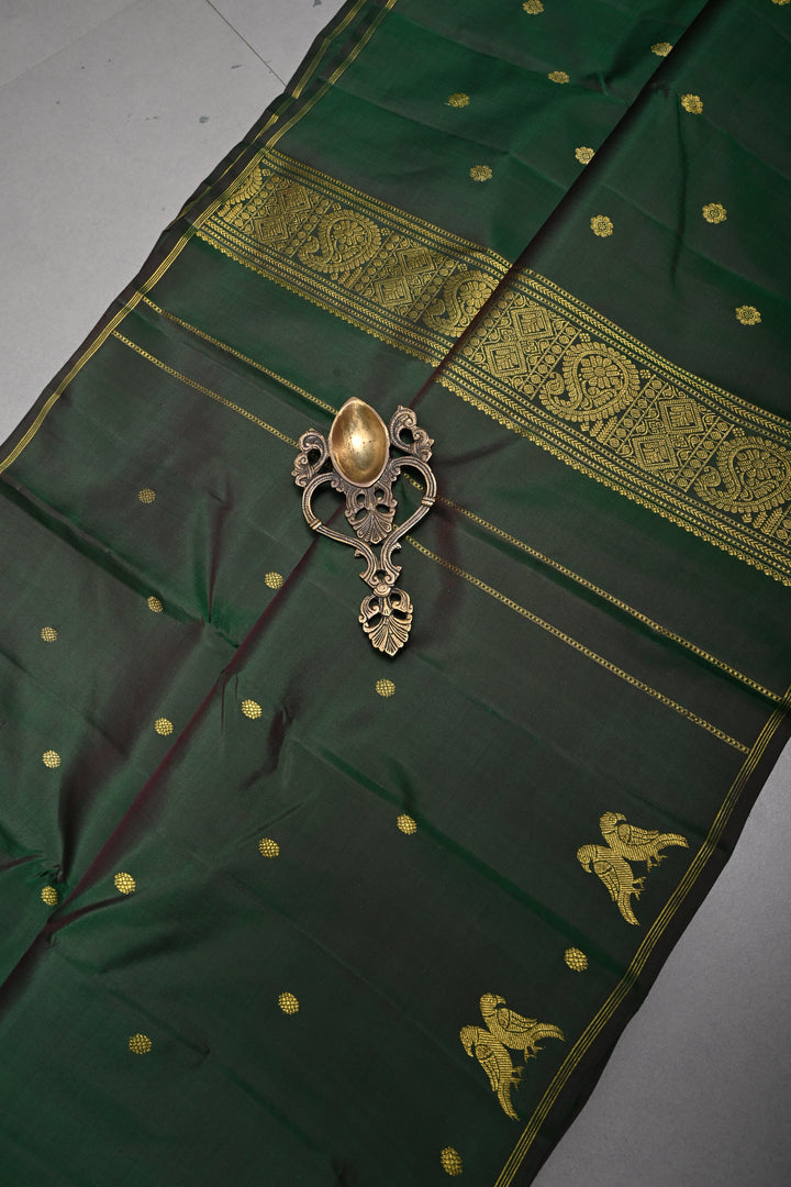 Deep Green Kanjivaram Pure Silk Saree with Zari Buttis and Distinct Twin Parrot Motifs on Border | SILK MARK CERTIFIED | SHOBITAM