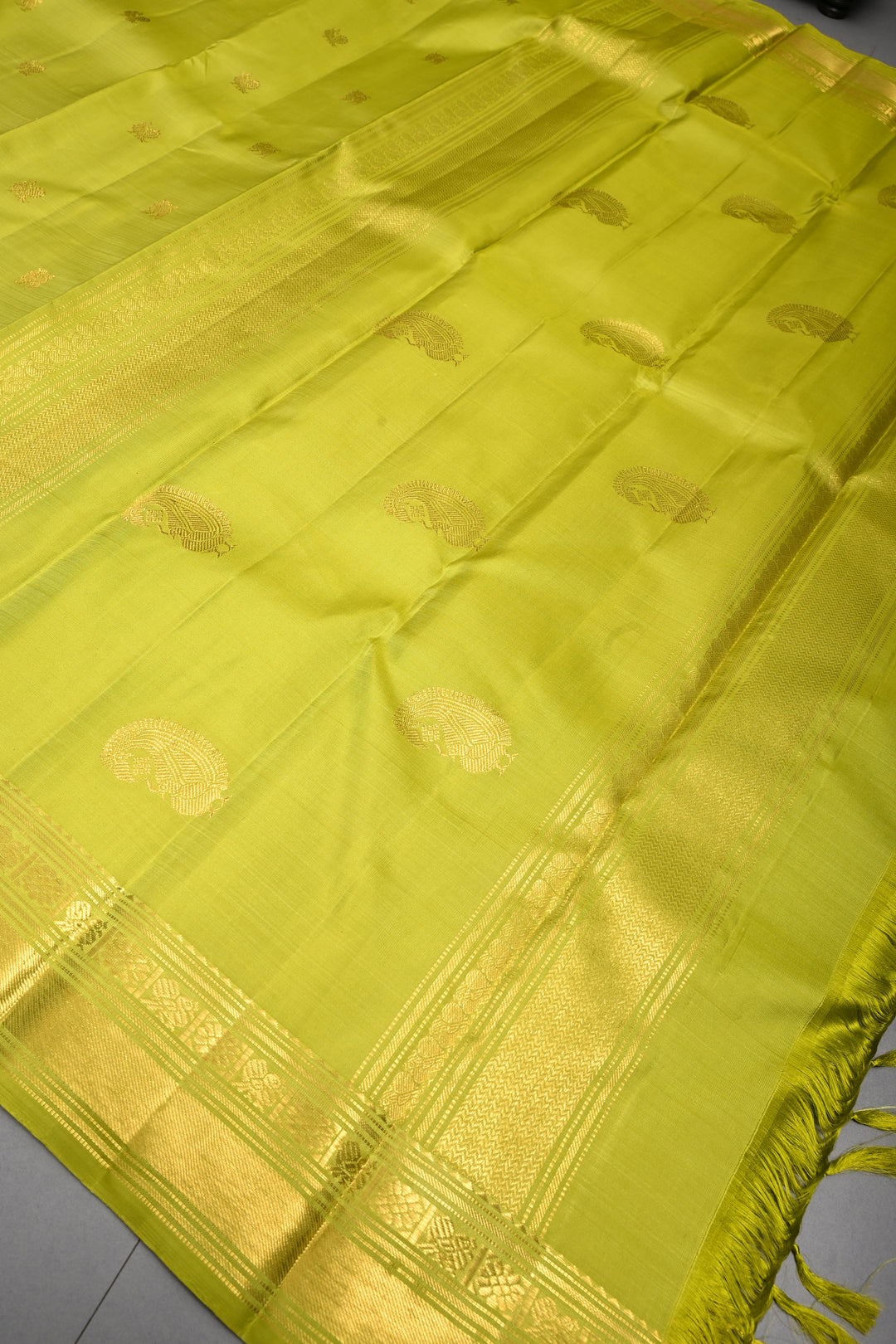 Chartreuse  Kanjivaram Pure Silk Saree with Zari Buttas and Zari Border | SILK MARK CERTIFIED | SHOBITAM