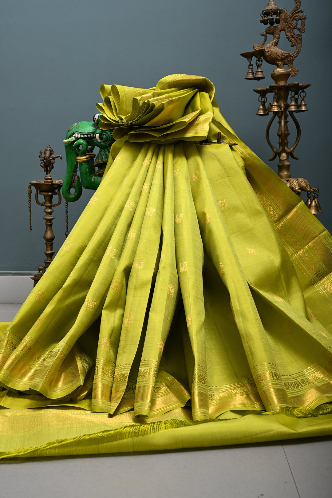Chartreuse  Kanjivaram Pure Silk Saree with Zari Buttas and Zari Border | SILK MARK CERTIFIED | SHOBITAM