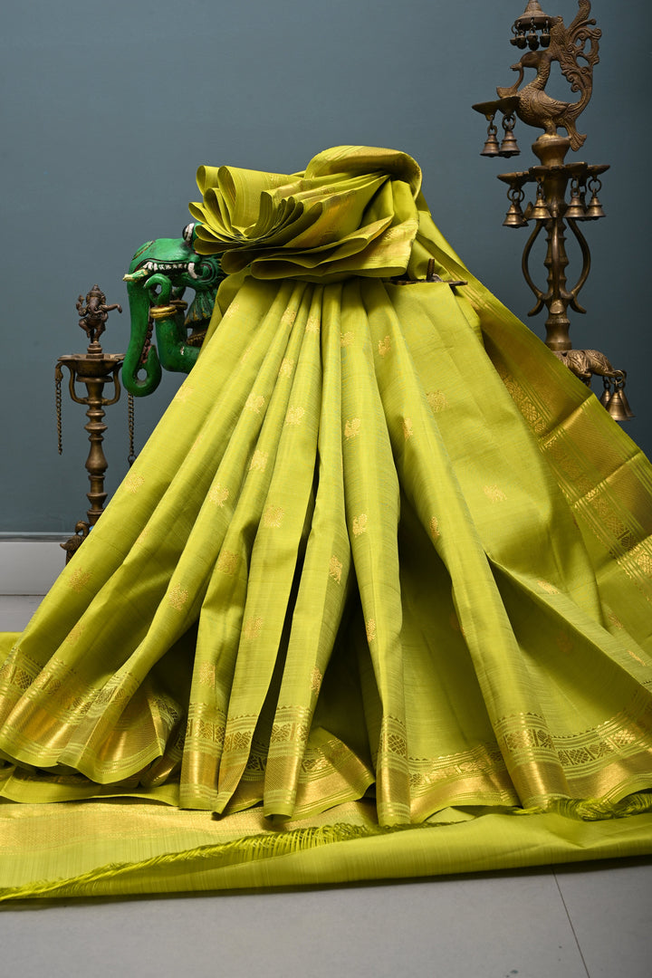Chartreuse  Kanjivaram Pure Silk Saree with Zari Buttas and Zari Border | SILK MARK CERTIFIED | SHOBITAM