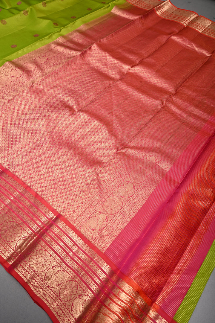 Parrot Green Vairaoosi Zari Stripes on Kanjivaram Handloom Soft Silk Saree with Thread Buttas and Contrast Zari Border | SILK MARK CERTIFIED | SHOBITAM
