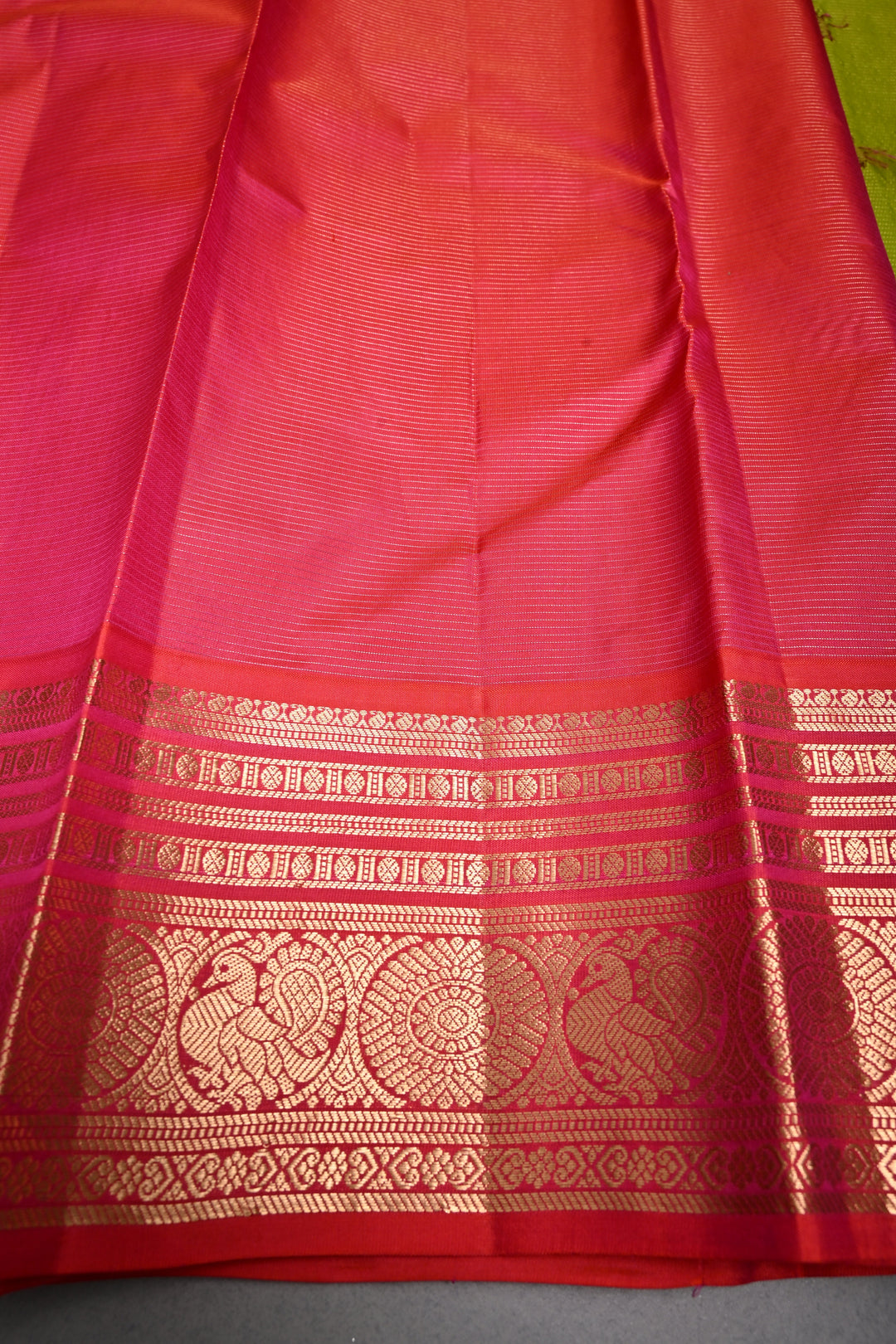 Parrot Green Vairaoosi Zari Stripes on Kanjivaram Handloom Soft Silk Saree with Thread Buttas and Contrast Zari Border | SILK MARK CERTIFIED | SHOBITAM