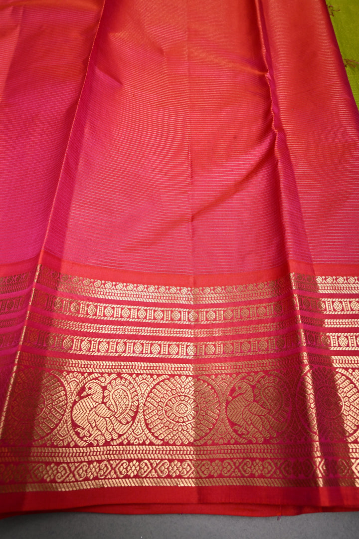 Parrot Green Vairaoosi Zari Stripes on Kanjivaram Handloom Soft Silk Saree with Thread Buttas and Contrast Zari Border | SILK MARK CERTIFIED | SHOBITAM