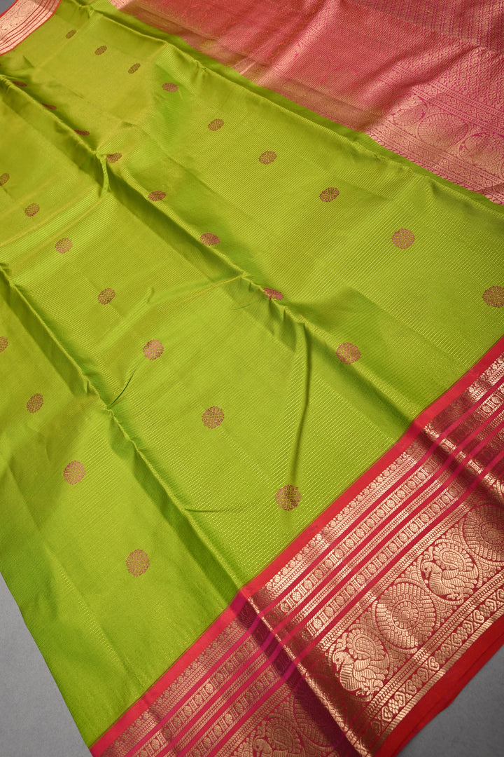 Parrot Green Vairaoosi Zari Stripes on Kanjivaram Handloom Soft Silk Saree with Thread Buttas and Contrast Zari Border | SILK MARK CERTIFIED | SHOBITAM