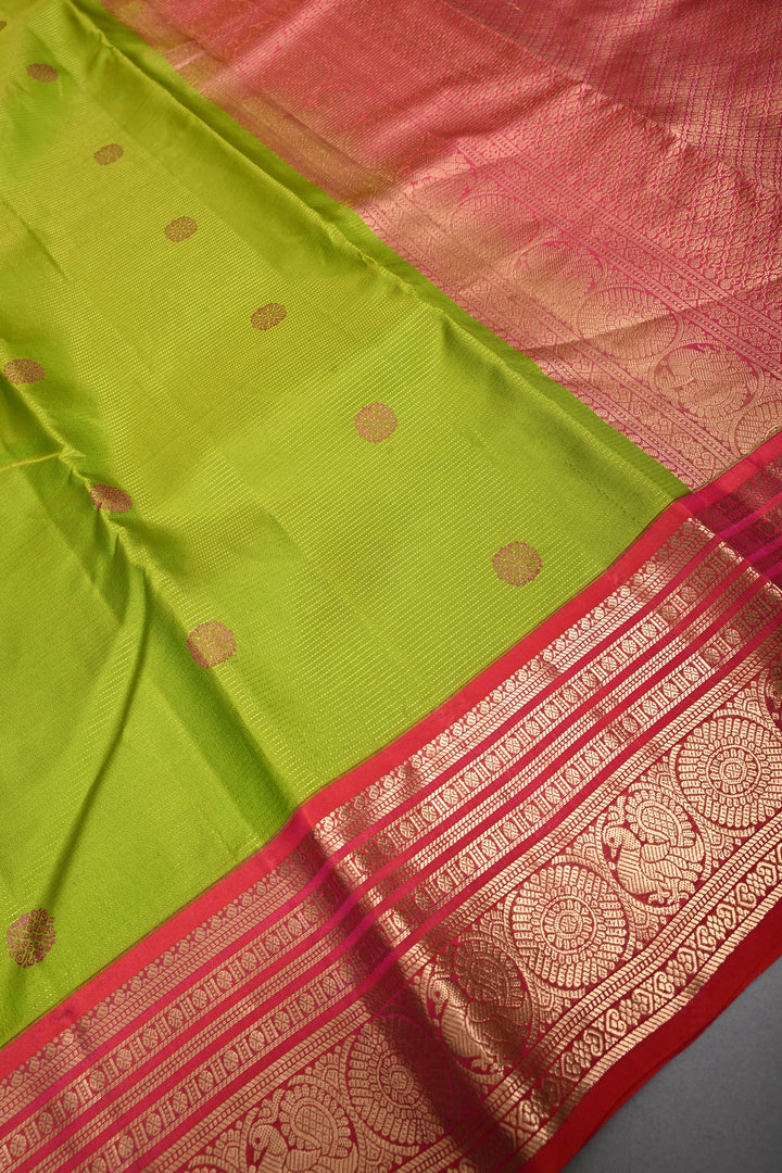 Parrot Green Vairaoosi Zari Stripes on Kanjivaram Handloom Soft Silk Saree with Thread Buttas and Contrast Zari Border | SILK MARK CERTIFIED | SHOBITAM