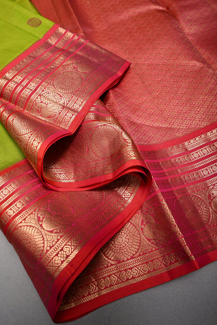 Parrot Green Vairaoosi Zari Stripes on Kanjivaram Handloom Soft Silk Saree with Thread Buttas and Contrast Zari Border | SILK MARK CERTIFIED | SHOBITAM