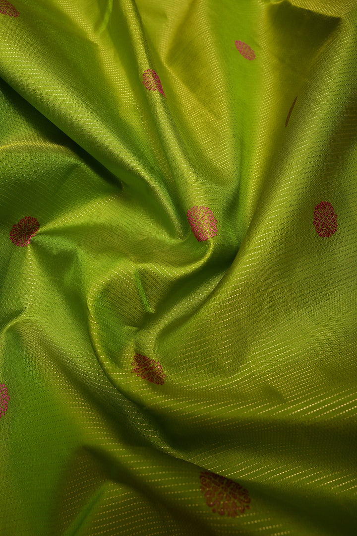 Parrot Green Vairaoosi Zari Stripes on Kanjivaram Handloom Soft Silk Saree with Thread Buttas and Contrast Zari Border | SILK MARK CERTIFIED | SHOBITAM