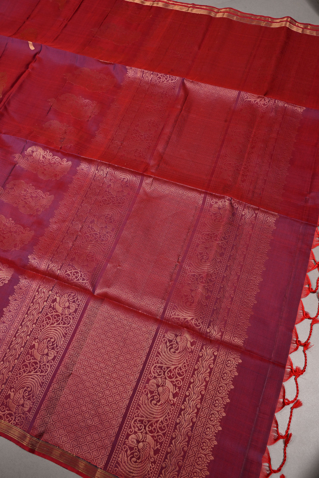 Red-Purple Dual Tone Kanjivaram Soft Silk Saree with Peacock Zari Buttas and Minimal Zari Border | SILK MARK CERTIFIED | SHOBITAM
