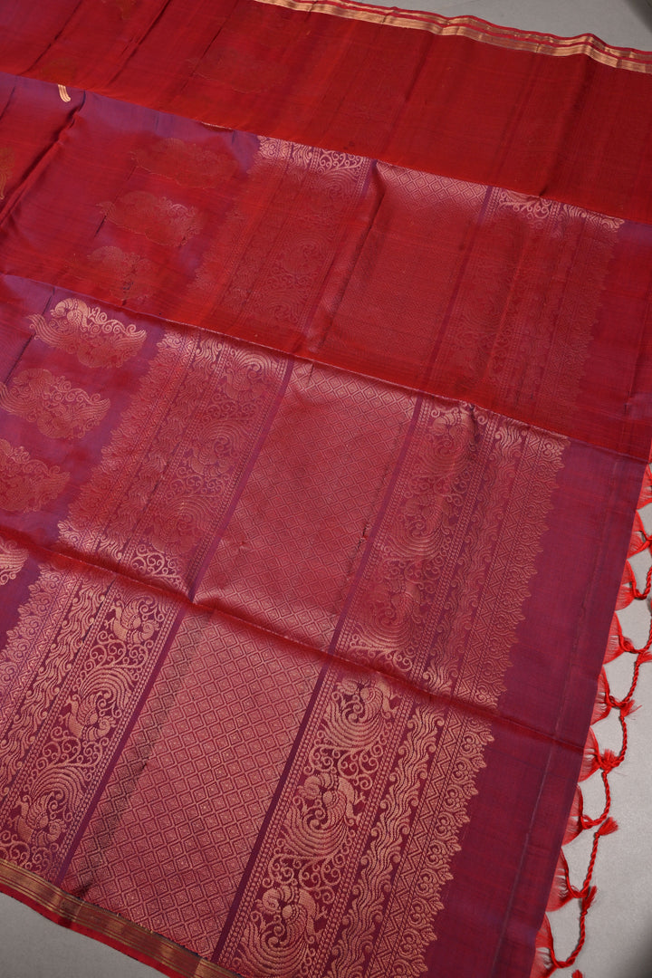Red-Purple Dual Tone Kanjivaram Soft Silk Saree with Peacock Zari Buttas and Minimal Zari Border | SILK MARK CERTIFIED | SHOBITAM