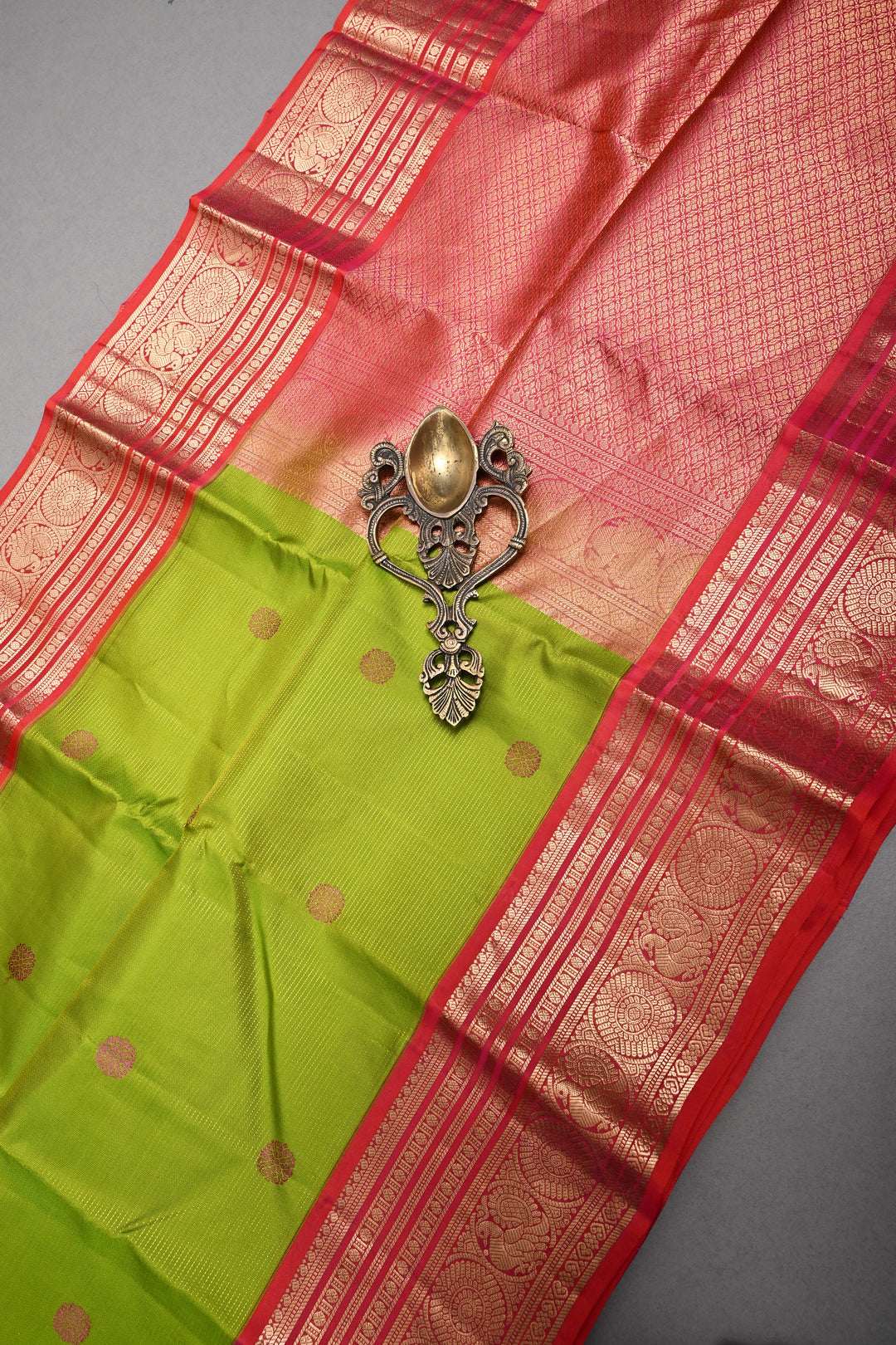 Parrot Green Vairaoosi Zari Stripes on Kanjivaram Handloom Soft Silk Saree with Thread Buttas and Contrast Zari Border | SILK MARK CERTIFIED | SHOBITAM