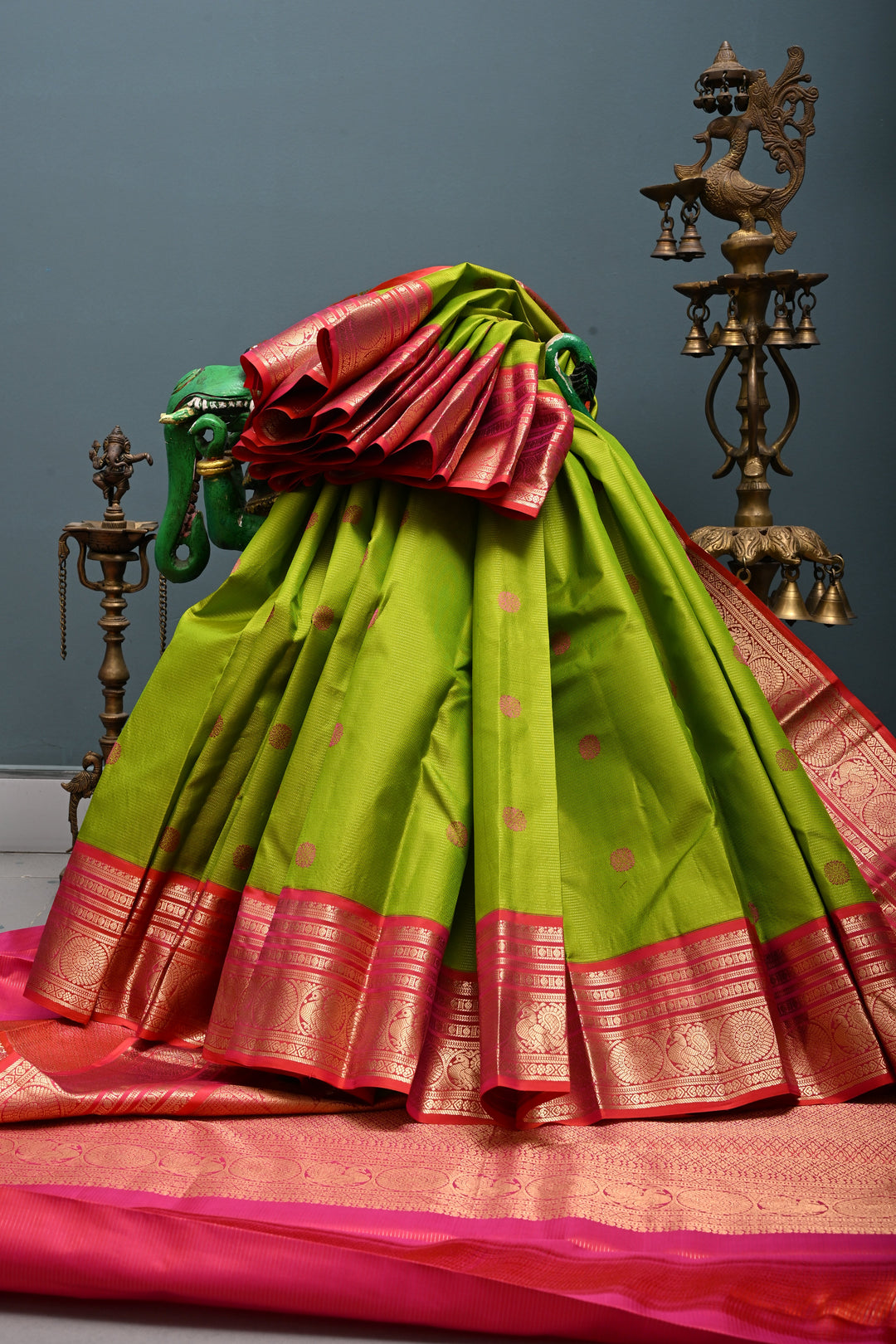 Parrot Green Vairaoosi Zari Stripes on Kanjivaram Handloom Soft Silk Saree with Thread Buttas and Contrast Zari Border | SILK MARK CERTIFIED | SHOBITAM