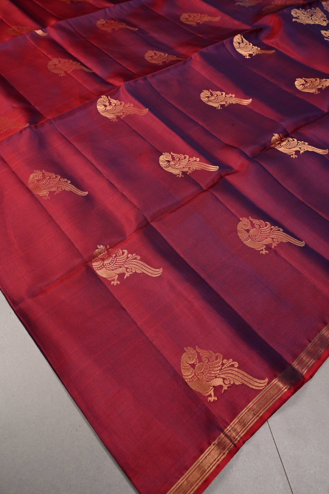 Red-Purple Dual Tone Kanjivaram Soft Silk Saree with Peacock Zari Buttas and Minimal Zari Border | SILK MARK CERTIFIED | SHOBITAM