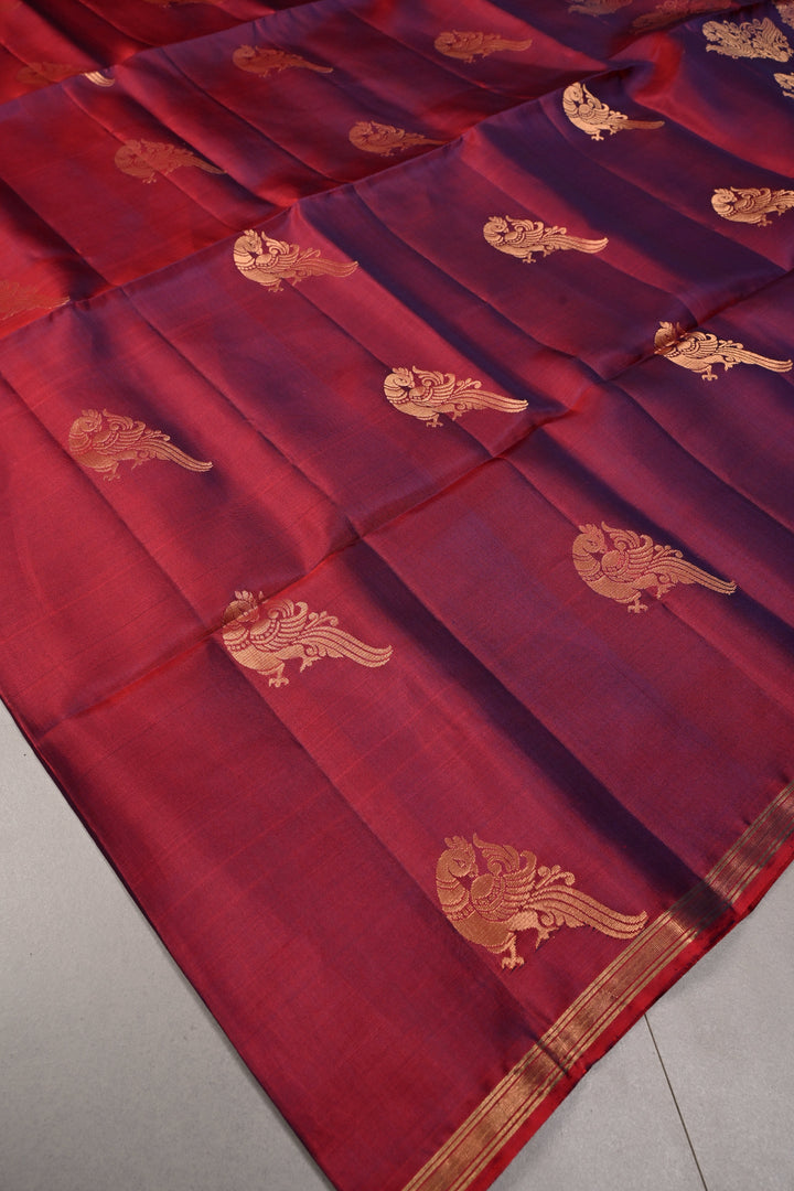 Red-Purple Dual Tone Kanjivaram Soft Silk Saree with Peacock Zari Buttas and Minimal Zari Border | SILK MARK CERTIFIED | SHOBITAM