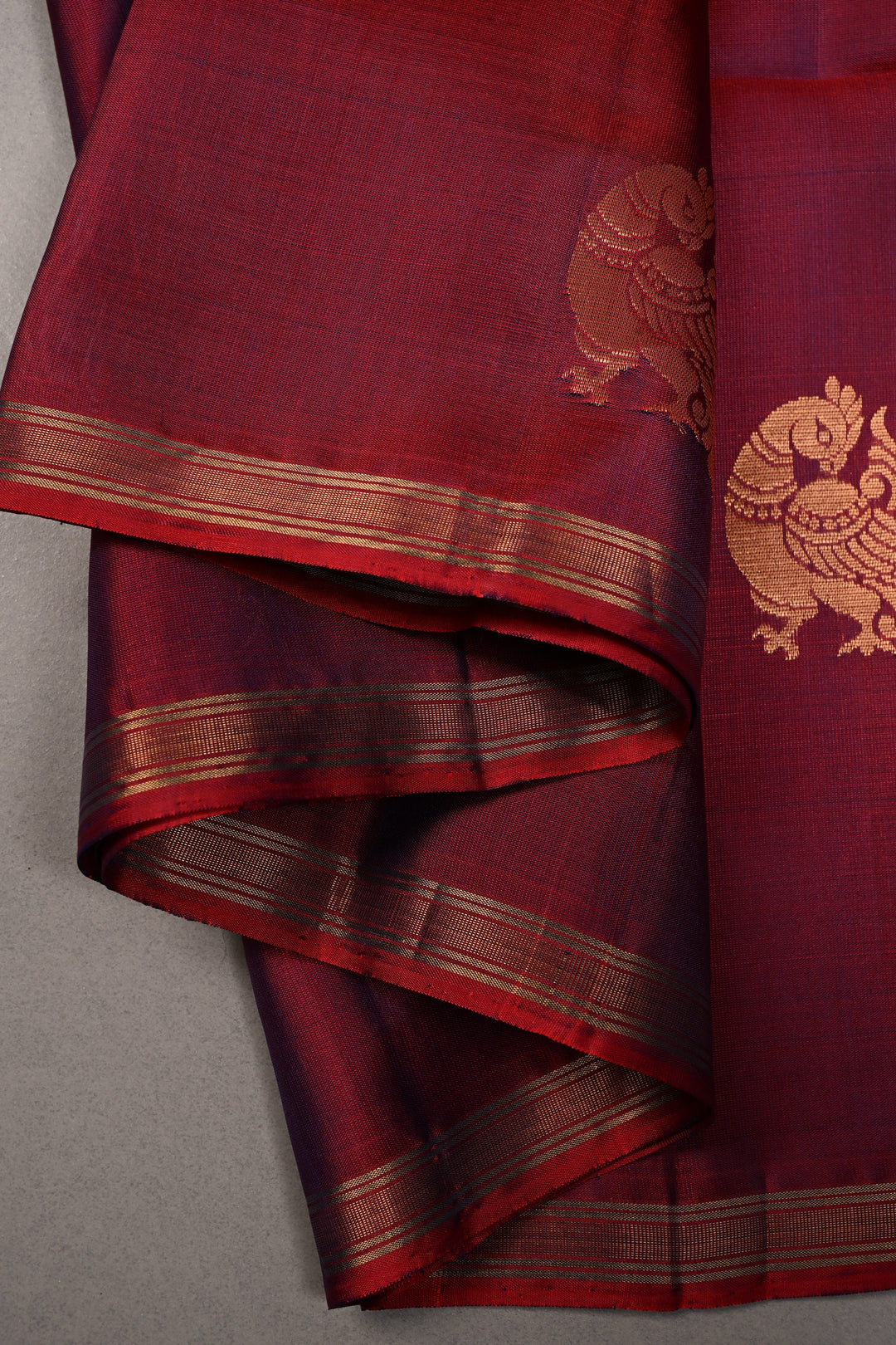 Red-Purple Dual Tone Kanjivaram Soft Silk Saree with Peacock Zari Buttas and Minimal Zari Border | SILK MARK CERTIFIED | SHOBITAM