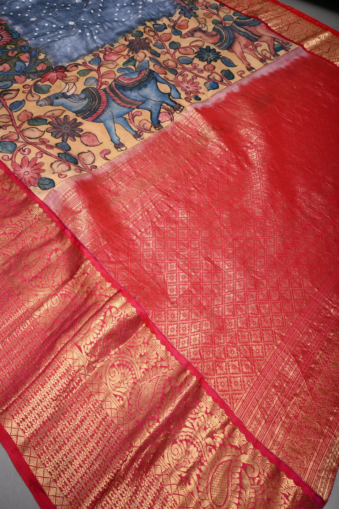 Smokey Gray Bandhni Design on Pure Kanjivaram Silk Jugalbandi Saree with Pen Kalamkari Panel and Contrast Zari Border | SILK MARK CERTIFIED | SHOBITAM