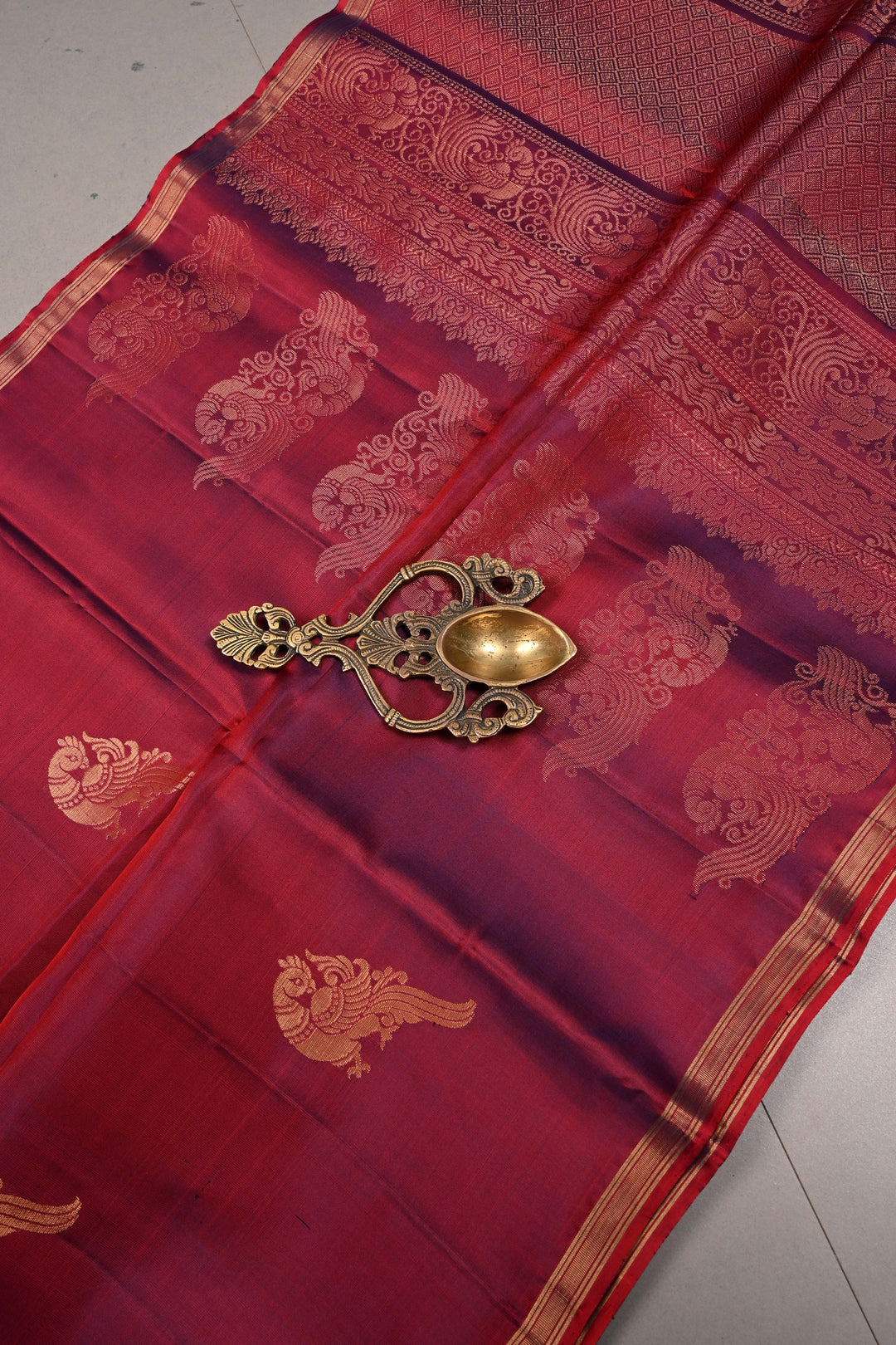Red-Purple Dual Tone Kanjivaram Soft Silk Saree with Peacock Zari Buttas and Minimal Zari Border | SILK MARK CERTIFIED | SHOBITAM