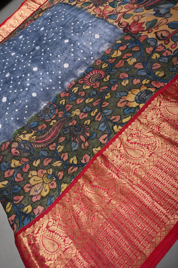 Smokey Gray Bandhni Design on Pure Kanjivaram Silk Jugalbandi Saree with Pen Kalamkari Panel and Contrast Zari Border | SILK MARK CERTIFIED | SHOBITAM