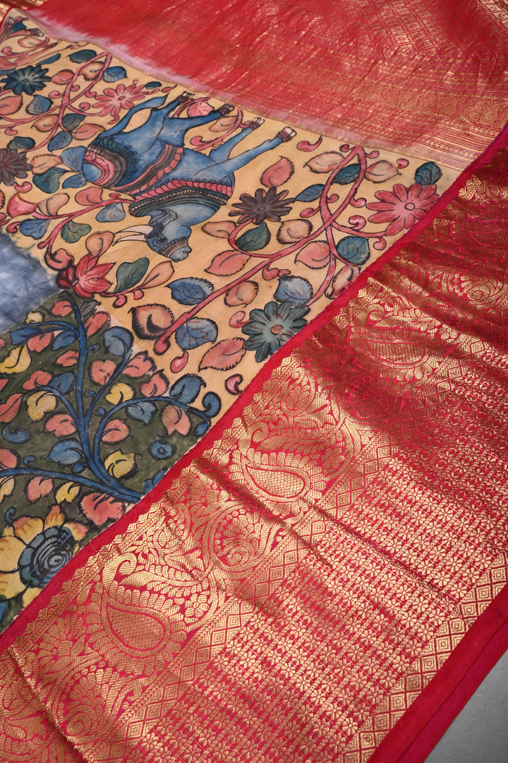 Smokey Gray Bandhni Design on Pure Kanjivaram Silk Jugalbandi Saree with Pen Kalamkari Panel and Contrast Zari Border | SILK MARK CERTIFIED | SHOBITAM