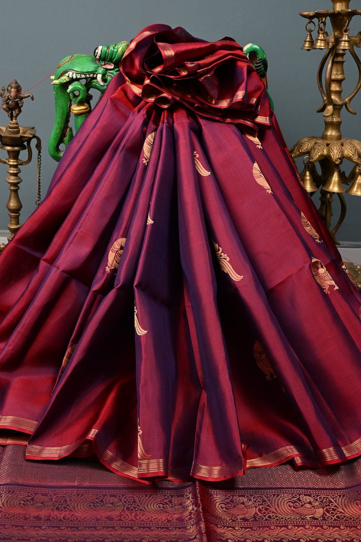 Red-Purple Dual Tone Kanjivaram Soft Silk Saree with Peacock Zari Buttas and Minimal Zari Border | SILK MARK CERTIFIED | SHOBITAM