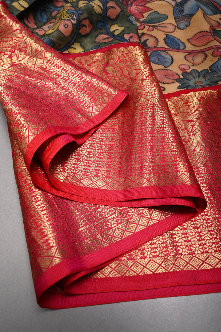Smokey Gray Bandhni Design on Pure Kanjivaram Silk Jugalbandi Saree with Pen Kalamkari Panel and Contrast Zari Border | SILK MARK CERTIFIED | SHOBITAM