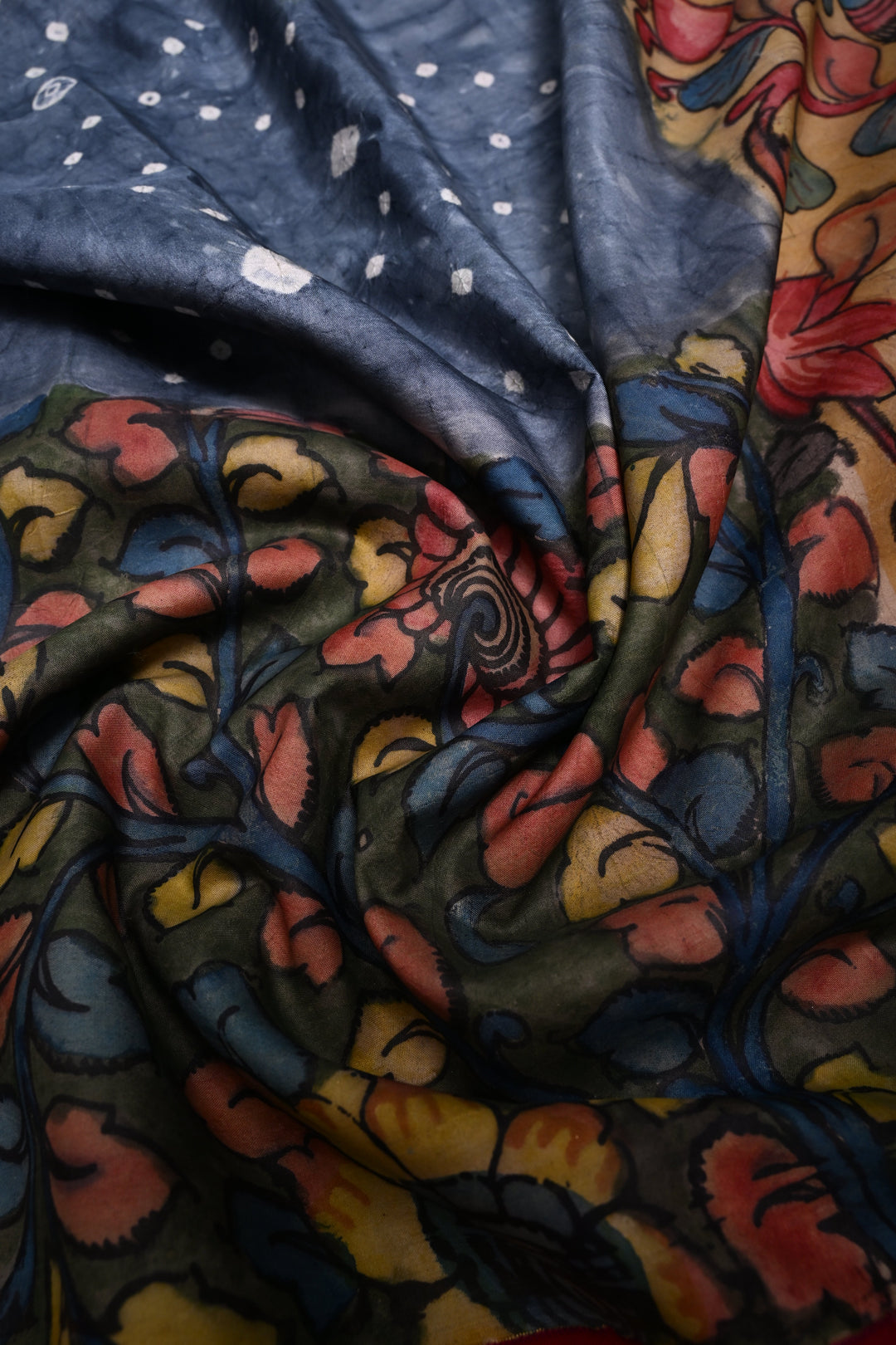 Smokey Gray Bandhni Design on Pure Kanjivaram Silk Jugalbandi Saree with Pen Kalamkari Panel and Contrast Zari Border | SILK MARK CERTIFIED | SHOBITAM