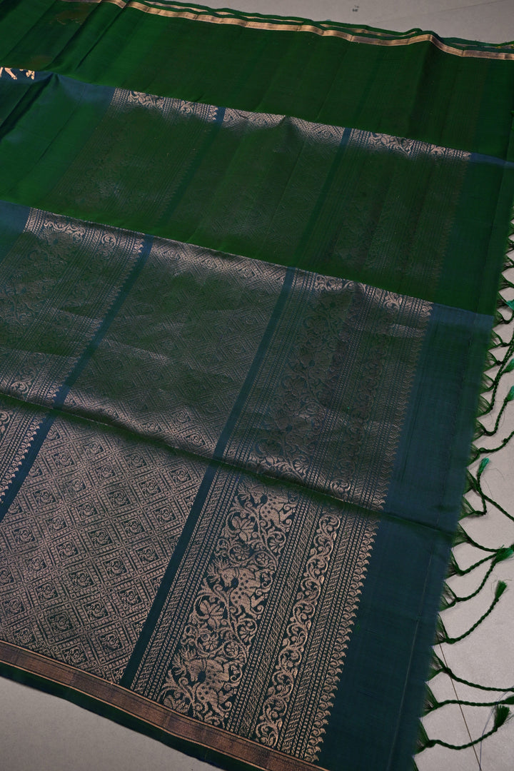 Peacock Blue-Green Dual Tone Kanjivaram Soft Silk Saree with Deer Antique Zari Buttas and Minimal Zari Border | SILK MARK CERTIFIED | SHOBITAM