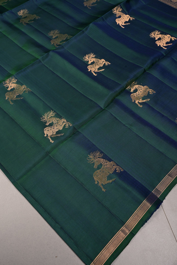 Peacock Blue-Green Dual Tone Kanjivaram Soft Silk Saree with Deer Antique Zari Buttas and Minimal Zari Border | SILK MARK CERTIFIED | SHOBITAM