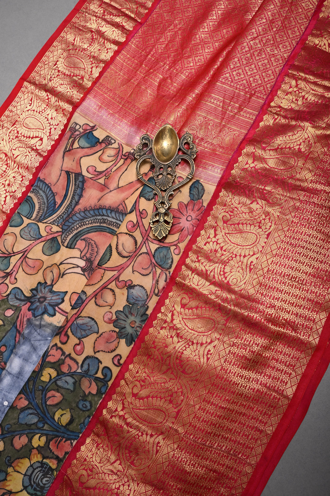 Smokey Gray Bandhni Design on Pure Kanjivaram Silk Jugalbandi Saree with Pen Kalamkari Panel and Contrast Zari Border | SILK MARK CERTIFIED | SHOBITAM