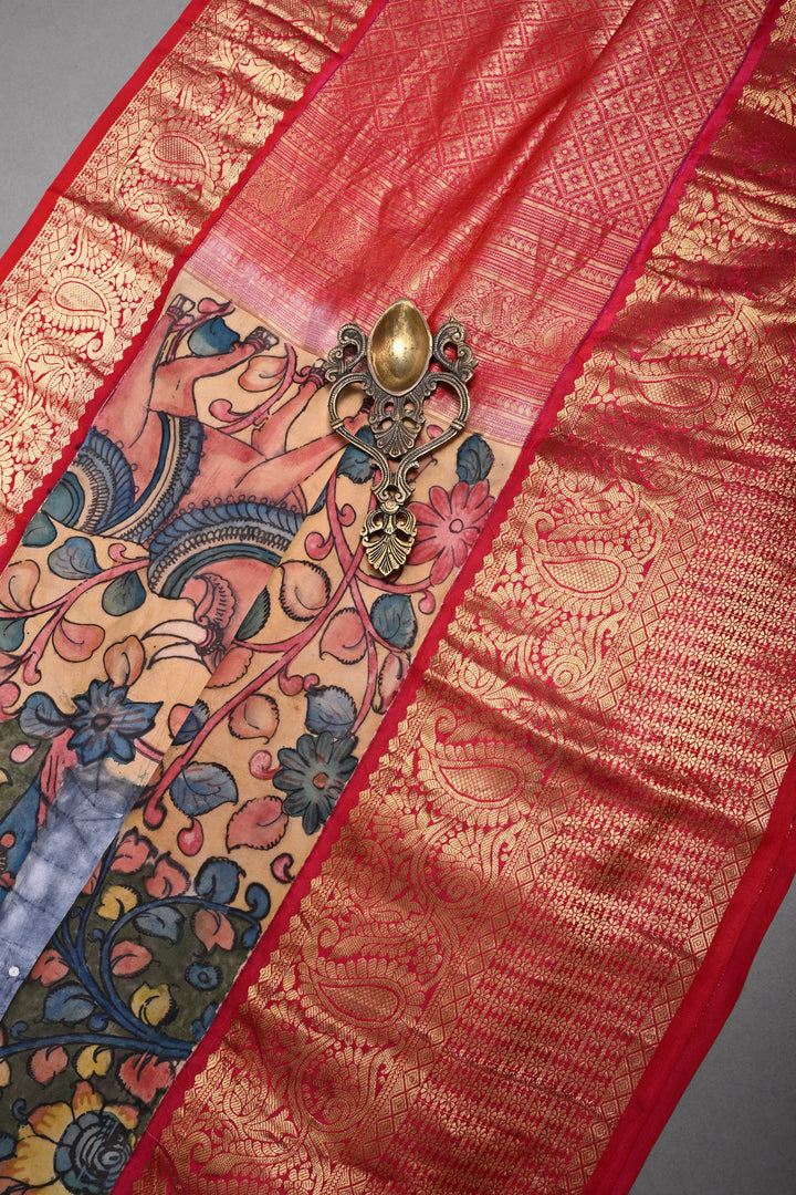 Smokey Gray Bandhni Design on Pure Kanjivaram Silk Jugalbandi Saree with Pen Kalamkari Panel and Contrast Zari Border | SILK MARK CERTIFIED | SHOBITAM