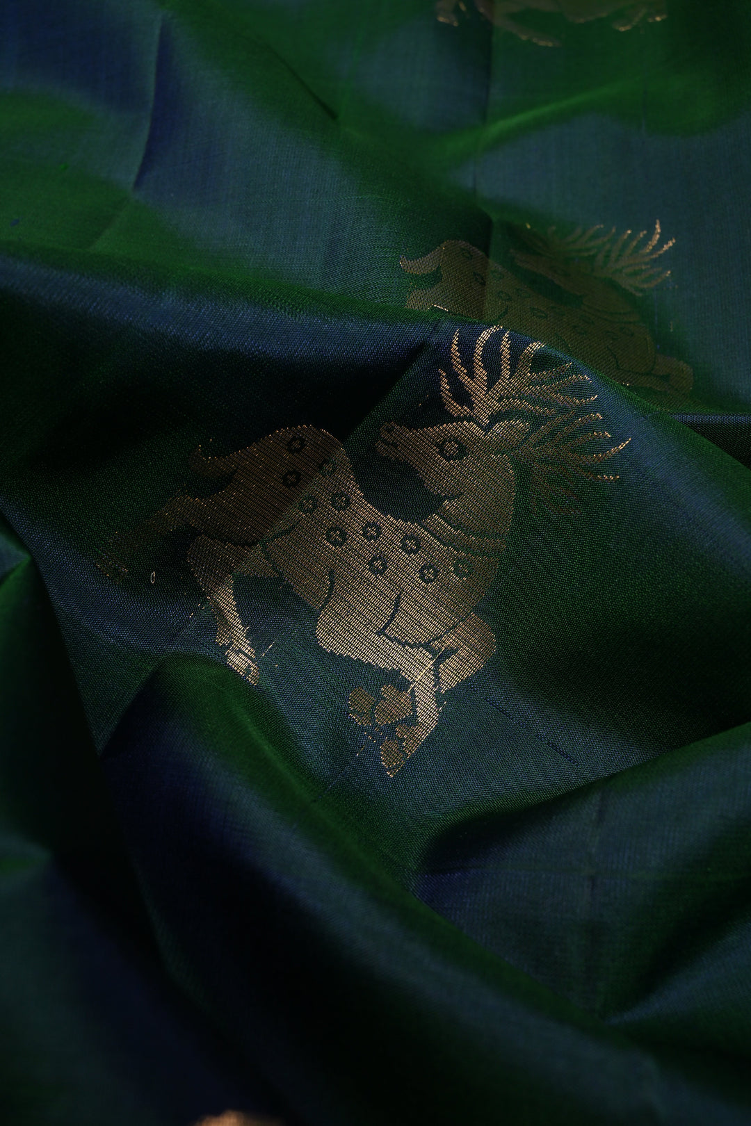 Peacock Blue-Green Dual Tone Kanjivaram Soft Silk Saree with Deer Antique Zari Buttas and Minimal Zari Border | SILK MARK CERTIFIED | SHOBITAM