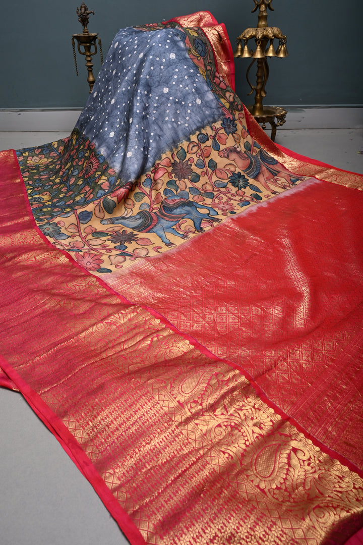 Smokey Gray Bandhni Design on Pure Kanjivaram Silk Jugalbandi Saree with Pen Kalamkari Panel and Contrast Zari Border | SILK MARK CERTIFIED | SHOBITAM