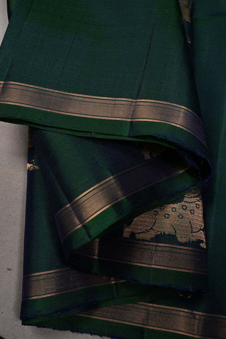 Peacock Blue-Green Dual Tone Kanjivaram Soft Silk Saree with Deer Antique Zari Buttas and Minimal Zari Border | SILK MARK CERTIFIED | SHOBITAM
