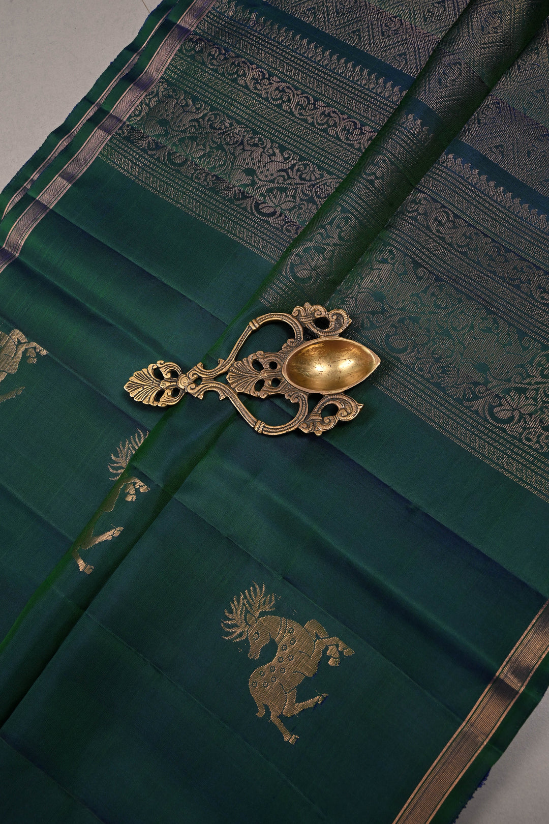 Peacock Blue-Green Dual Tone Kanjivaram Soft Silk Saree with Deer Antique Zari Buttas and Minimal Zari Border | SILK MARK CERTIFIED | SHOBITAM