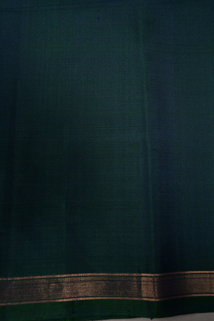 Peacock Blue-Green Dual Tone Kanjivaram Soft Silk Saree with Deer Antique Zari Buttas and Minimal Zari Border | SILK MARK CERTIFIED | SHOBITAM