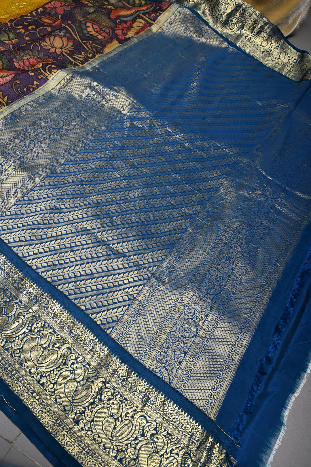 Mustard Yellow Self Brocade-Bandhni Design on Pure Kanjivaram Silk Jugalbandi Saree with Pen Kalamkari Panel and Contrast Zari Border | SILK MARK CERTIFIED | SHOBITAM