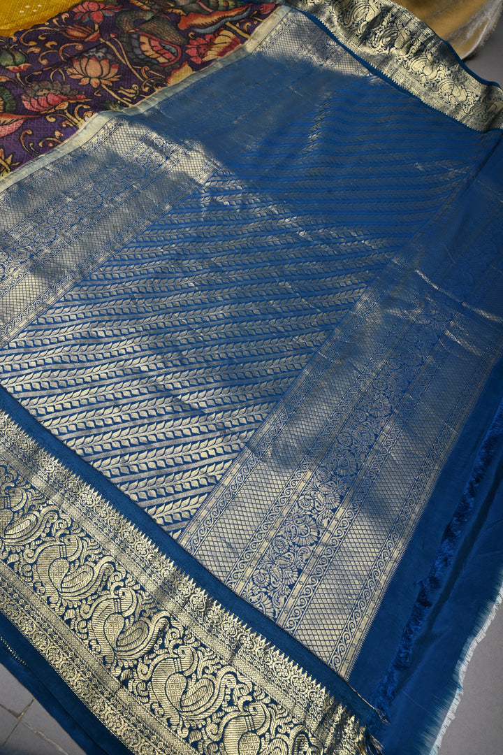 Mustard Yellow Self Brocade-Bandhni Design on Pure Kanjivaram Silk Jugalbandi Saree with Pen Kalamkari Panel and Contrast Zari Border | SILK MARK CERTIFIED | SHOBITAM